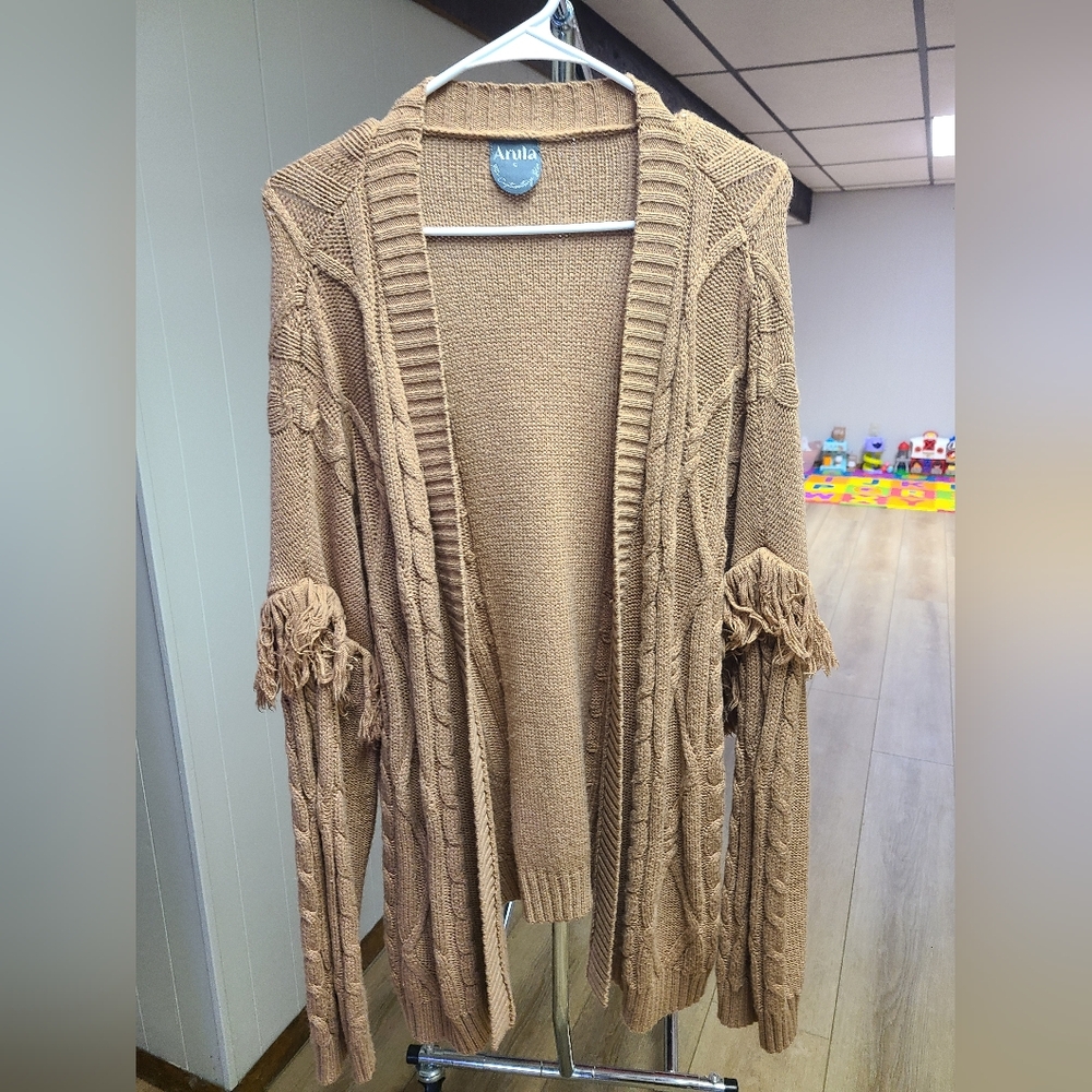 ARULA Tan Fringe Open-Front Cable Knit Cardigan